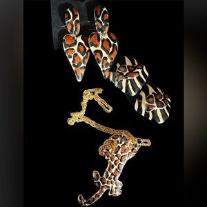 VTG NOS Leopard Brooch 2 Animal Print Earrings Pin to Pendant Converter & Chain